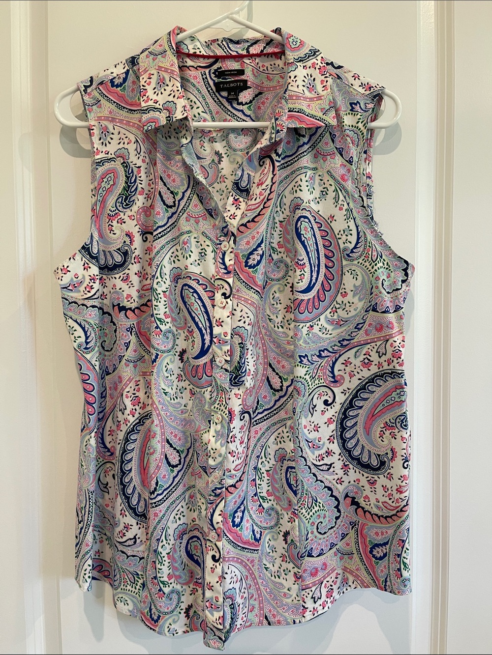 Talbots Sleeveless Paisley Button-Front Blouse — Pink, Blue & Green